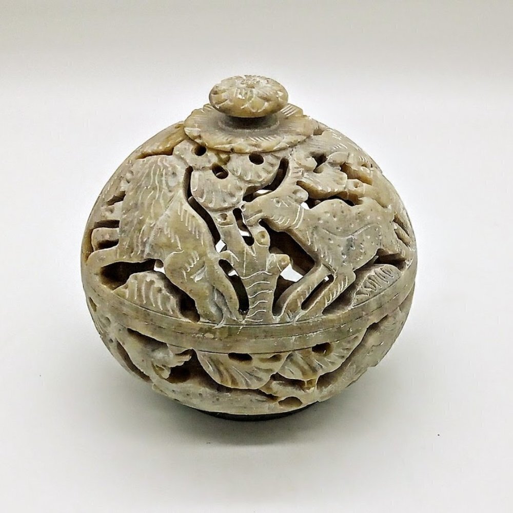 Carved Taupe Soapstone Round Candle Incense Holder